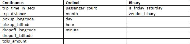 NYC Taxi Fares Classification Tree Input Features